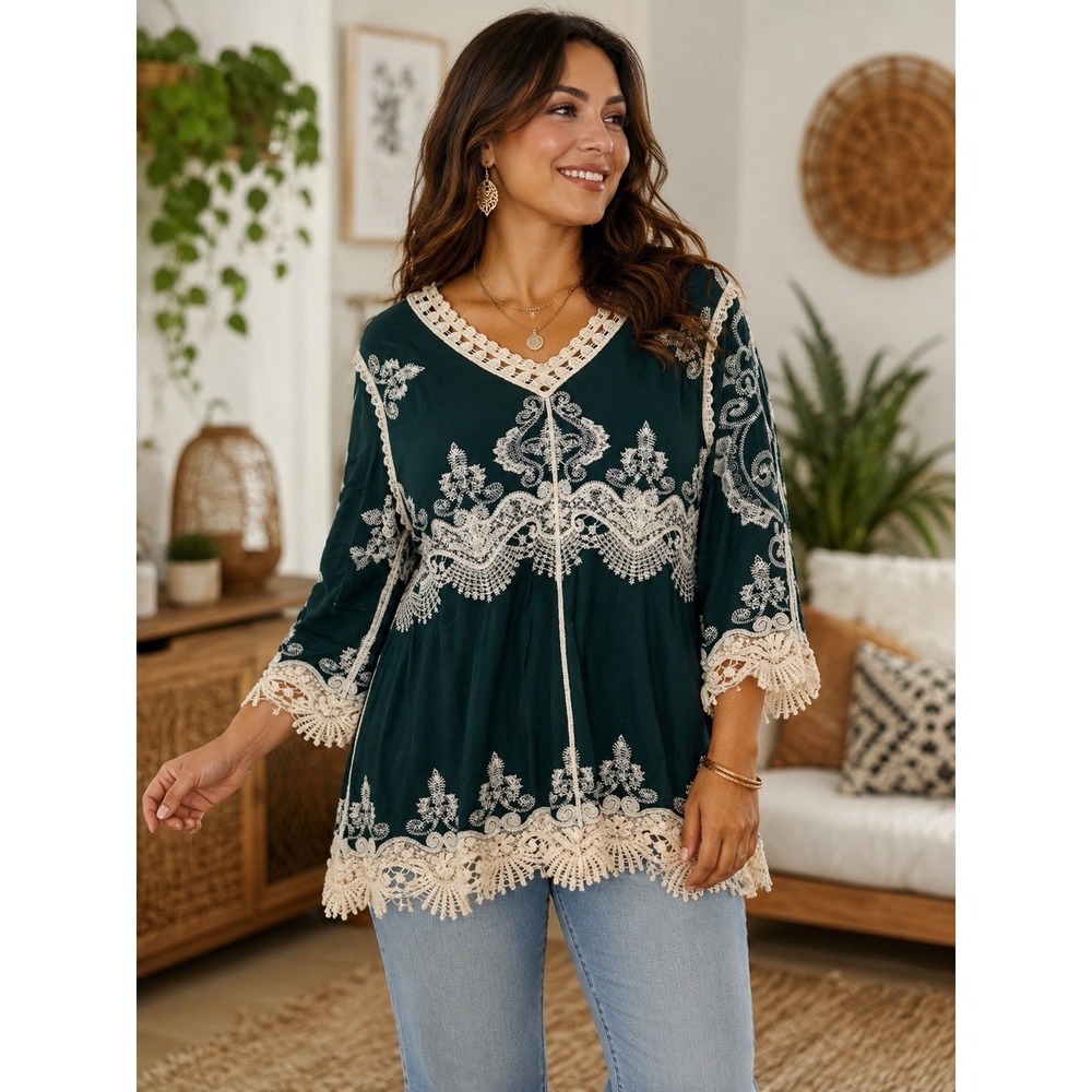 Cato Green Cream Blouse Floral Embroidery Boho Tunic Plus 18/20 BG7